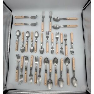 Vtg Lifetime Stainless Flatware Lot 30 Pieces MCM Style Korea Peachy Pink Handle